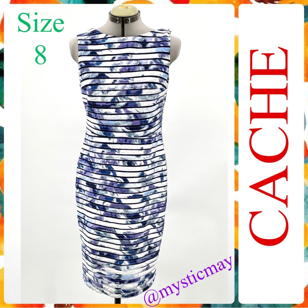 CACHE Purple Multicolor Watercolor Print Sleeveless Striped Sheath Dress Size 8